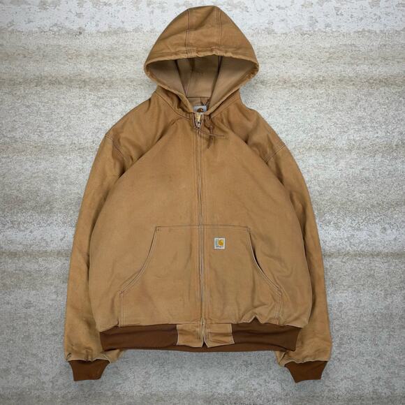 Vintage Carhartt Jacket Tan Cotton Canvas Mesh Lined Hooded Union Made USA 90s